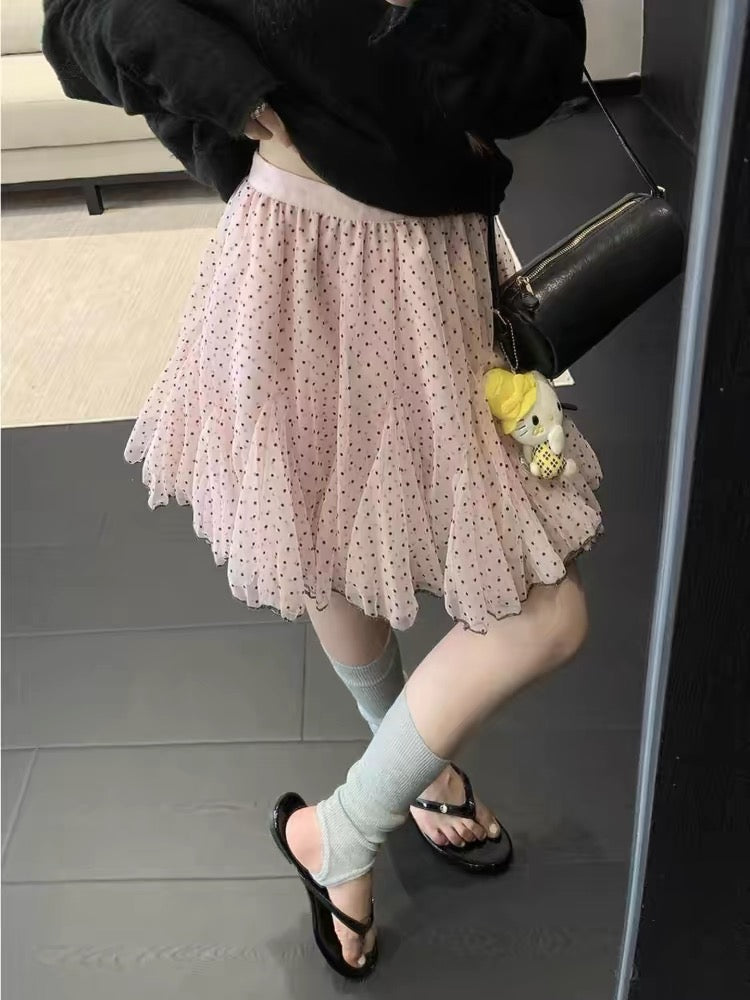 Peach Pink High Waist Polka Dot Mesh Skirt SK39