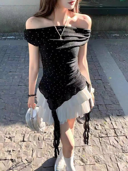 Mini Dot Off Shoulder Black Mesh Top