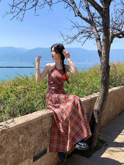 Grid Red Long Dress