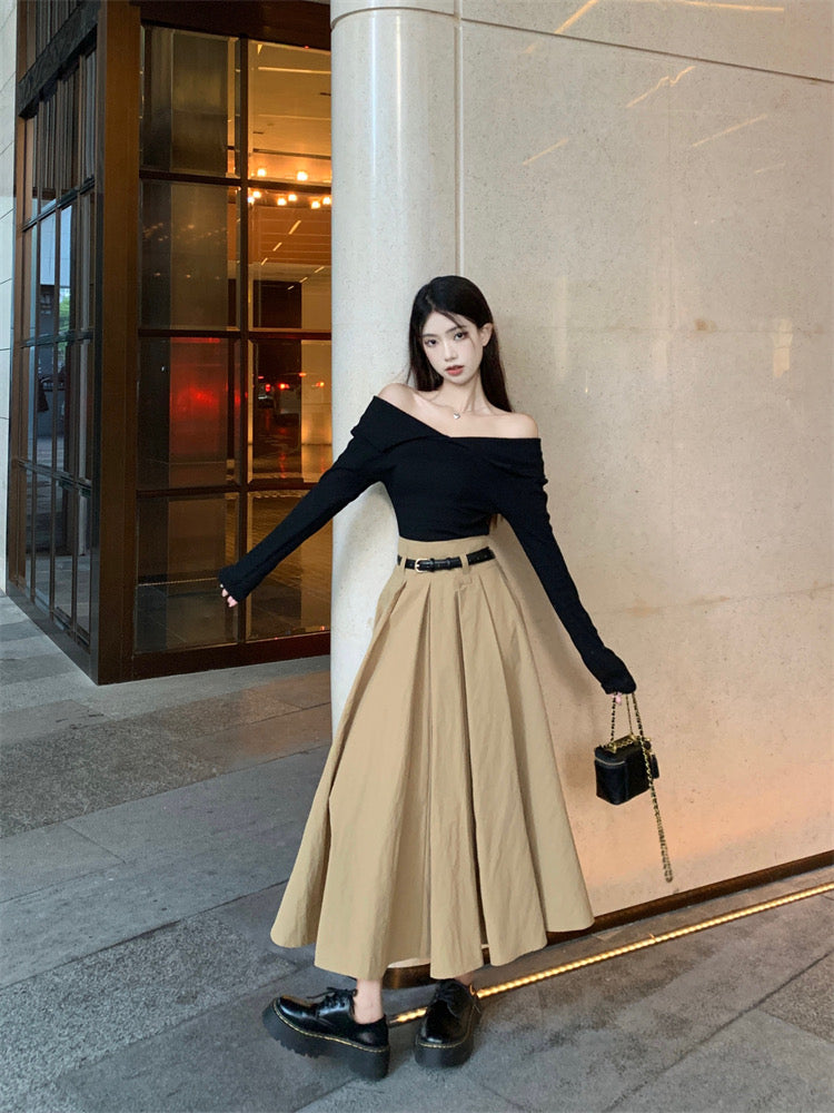 Brown High Waist Long Skirt With Belt