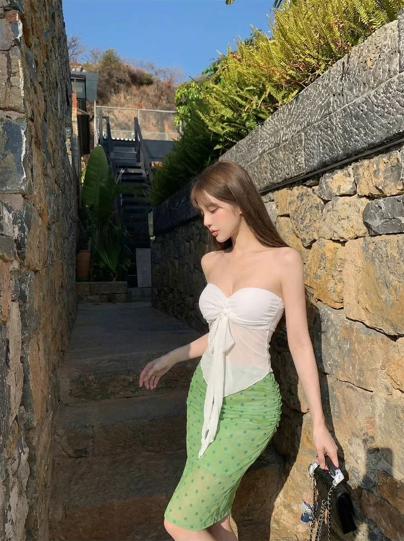 White Top + Green Polka Dot Skirt Two Piece Set