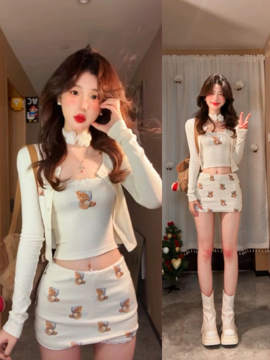Teddy Top +Cardigan +Skirt Three Pieces Set