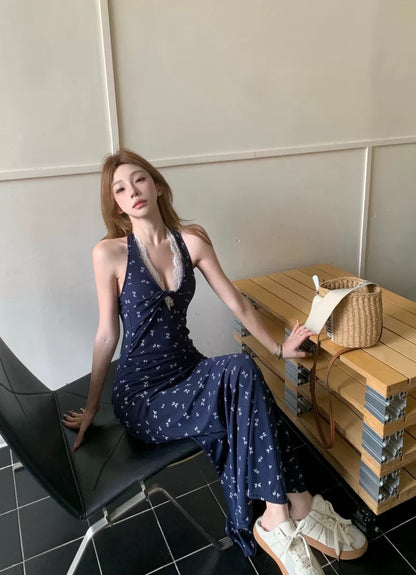 Round Collar Navy Long Dress (S)