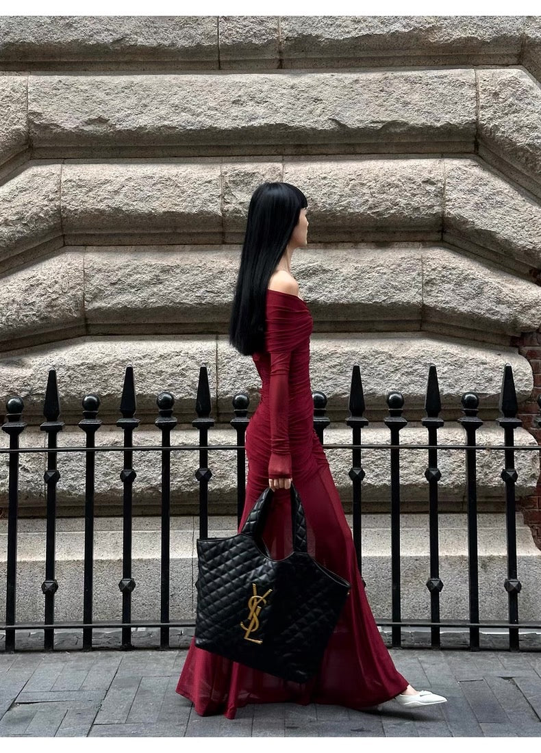 Wine Red Off Shoulder Mesh Dress