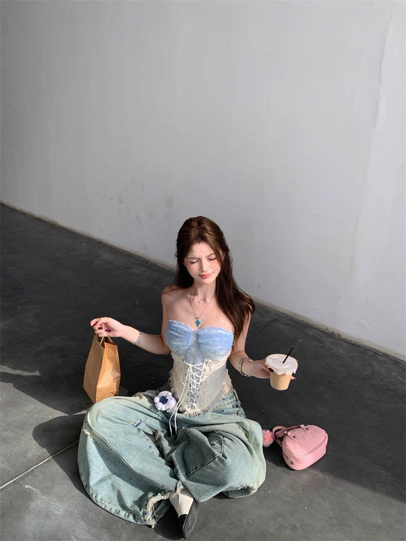 Mesh Blue Dot Tube Top (S, M, L)