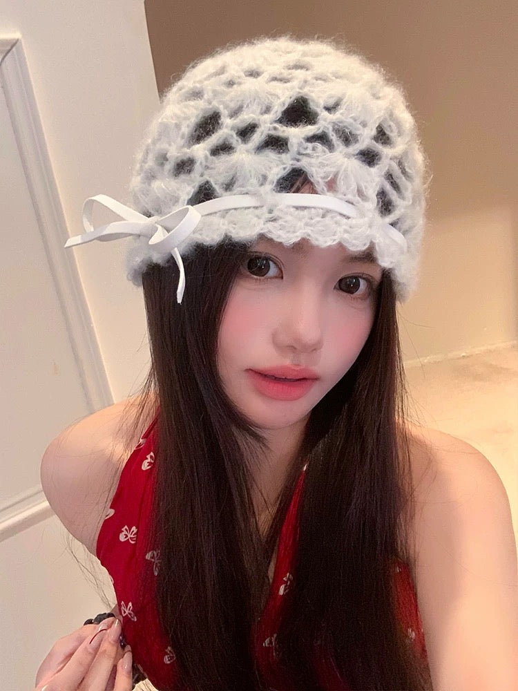 White Ribbon Knitted Embroidery Hat