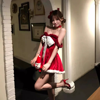 Christmas Off Shoulder Long Sleeve Dress + Collar + Hair Clip Set C006