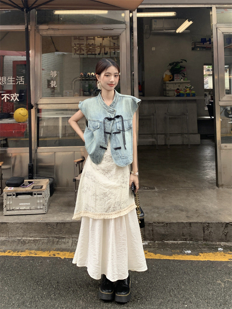 Denim Top + Floral Print Beige Long Dress Set