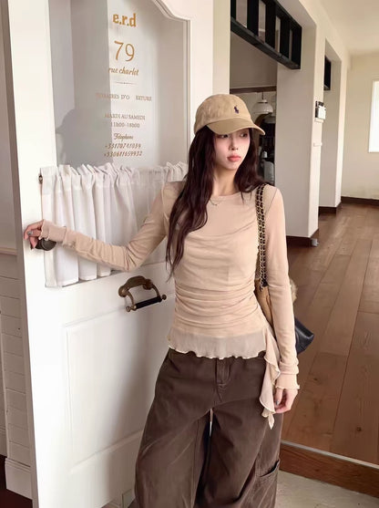 Nude / White Two Layered Mesh Long Sleeve Top