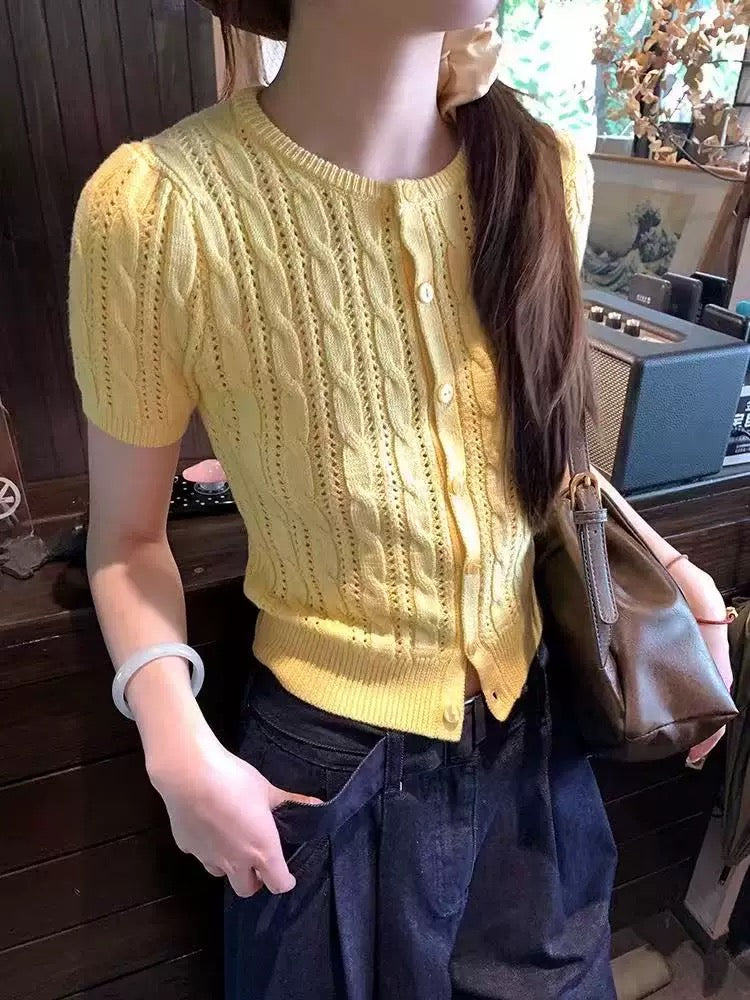 Yellow Knitted Short Sleeve Cardigan Top
