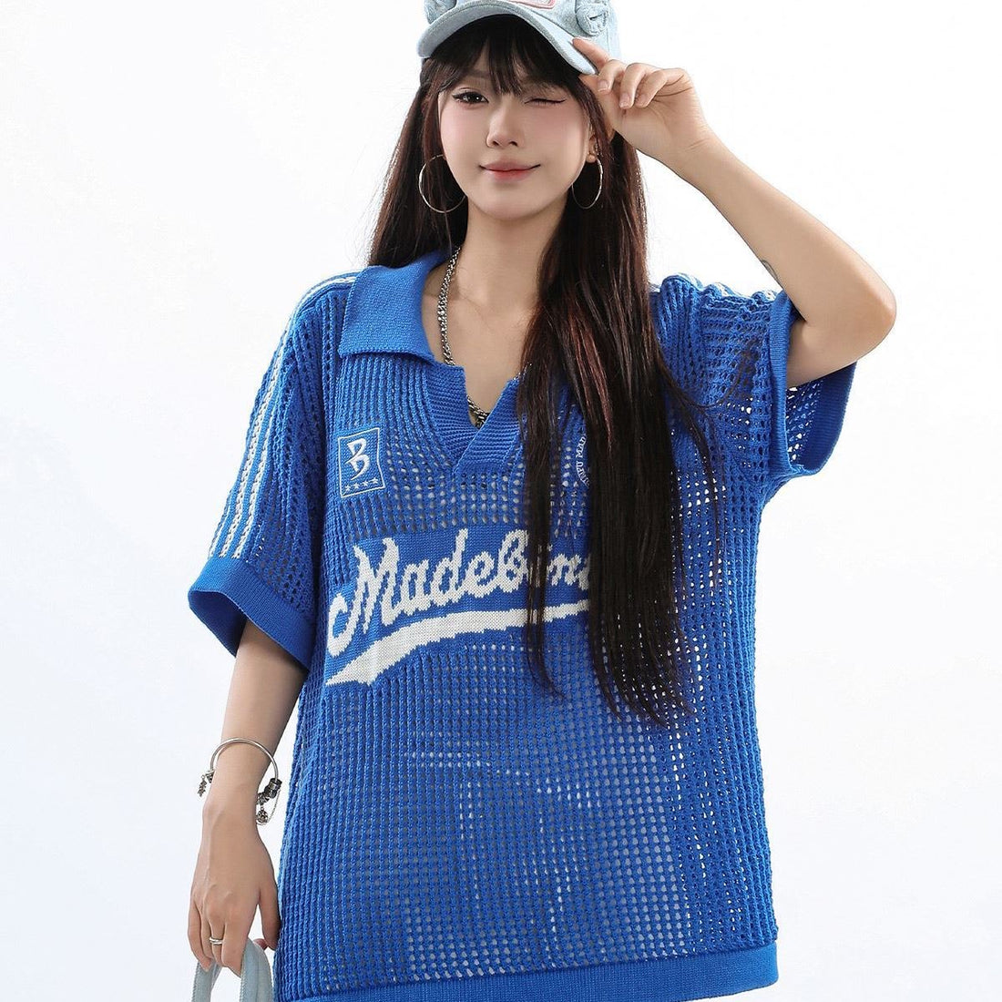 Knitted Ball Top (Cream White, Blue)