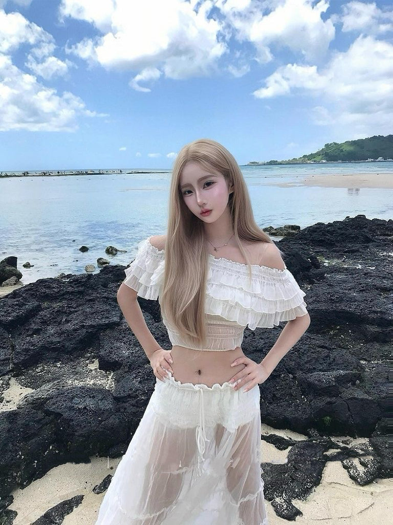 White Cakey Off Shoulder Top + Long Skirt Two Pieces Set