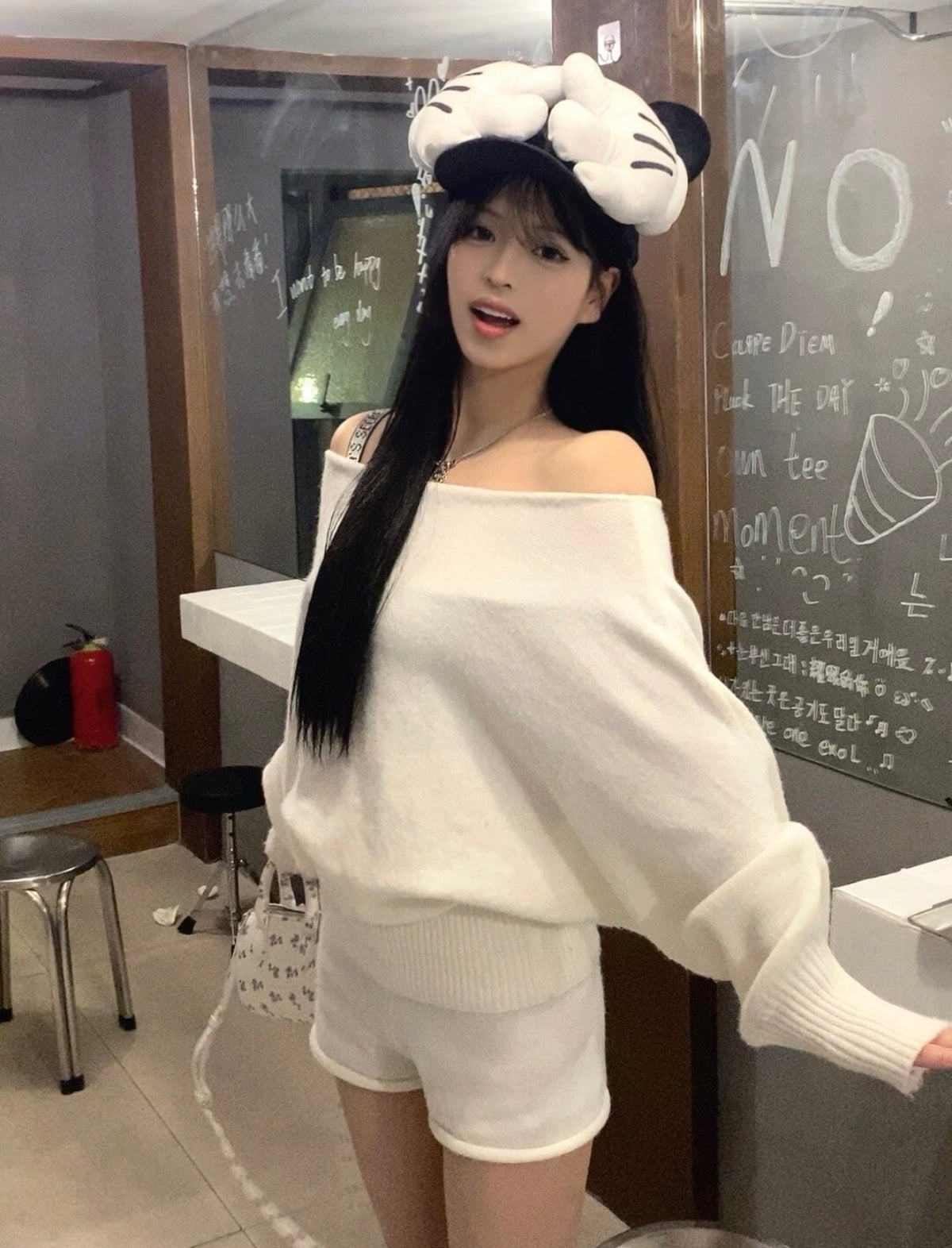 Cream Knitted Top + Shorts Two Piece Set