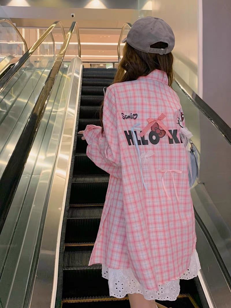 Kittie Ribbon Ginham Long Sleeve Shirt (Blue, Pink)