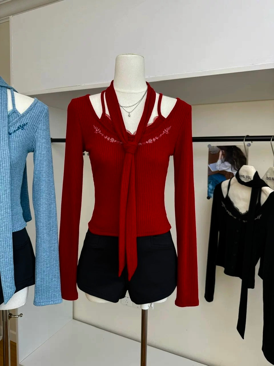 Knitted Long Sleeve Top with strap (Black, Wine Red)