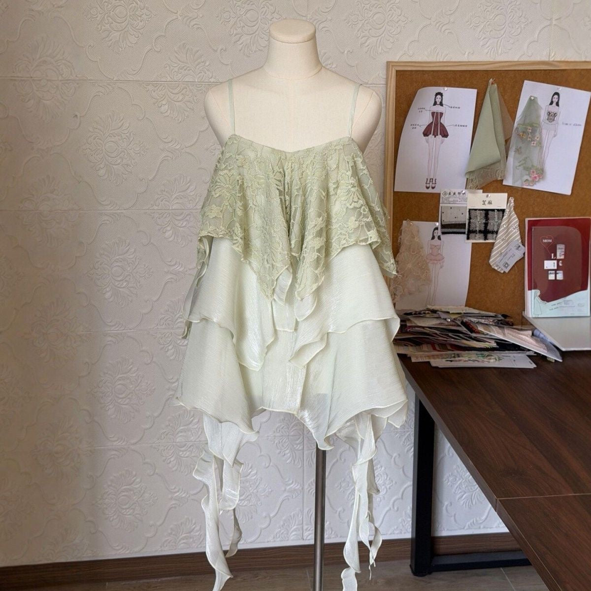 Green Chiffon Mix Laces Long Top