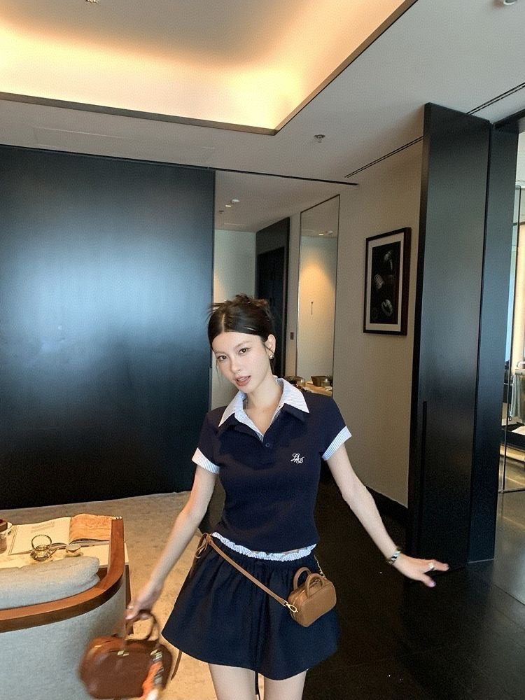 Navy Top + Skirt Two Piece Set (S,M）