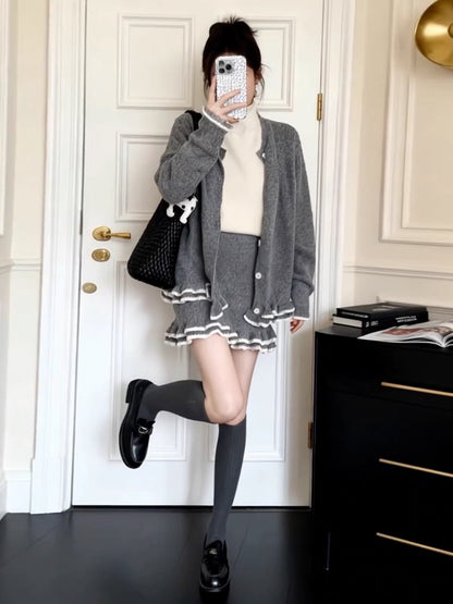Grey Knitted Top + Skirt Two Piece Set