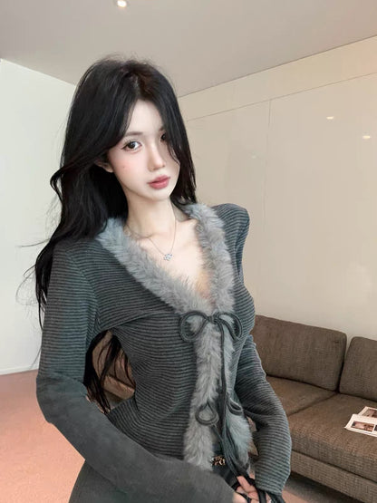 Little Fur Stripe Long Sleeve Top