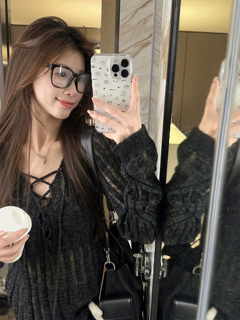 Black Knitted Long Sleeve Outerwear top