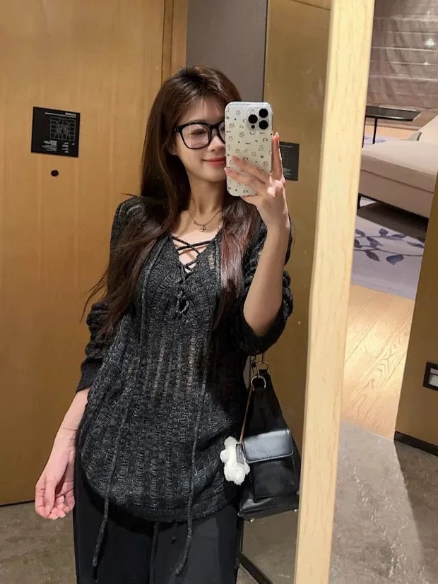 Black Knitted Long Sleeve Outerwear top