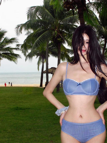 Blue Stripe Bikini + Shorts Two Pieces Set