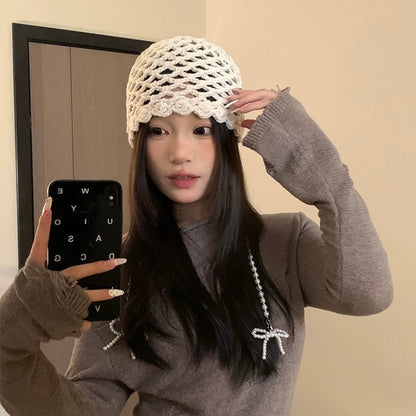 Pearl Ribbon Knitted Embroidery Hat (Red)