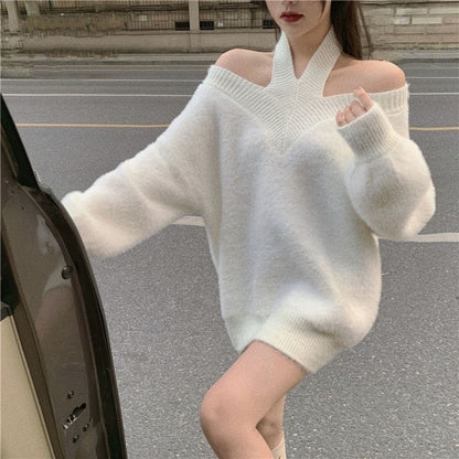 White Off Shoulder Long Sleeve Knitted Top