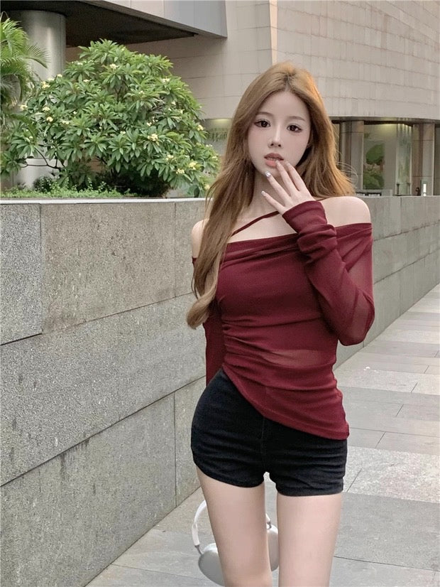 Mesh Off Side Shoulder Long Sleeve Top with tube