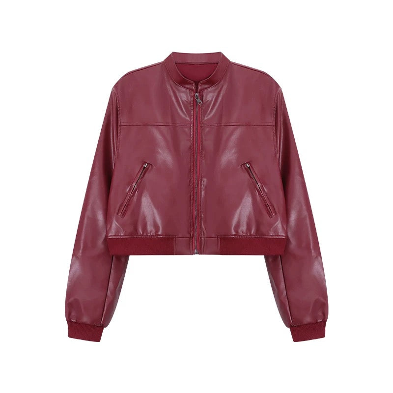 Wine Red PU Leather Jacket