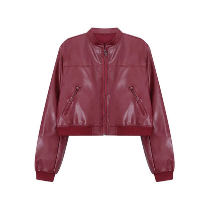 Wine Red PU Leather Jacket