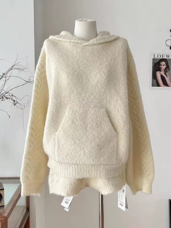 Thick Hoodie Cream Knitted Top + Shorts Two Piece Set