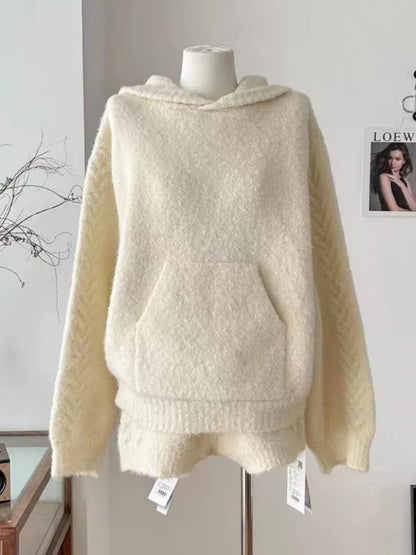 Thick Hoodie Cream Knitted Top + Shorts Two Piece Set