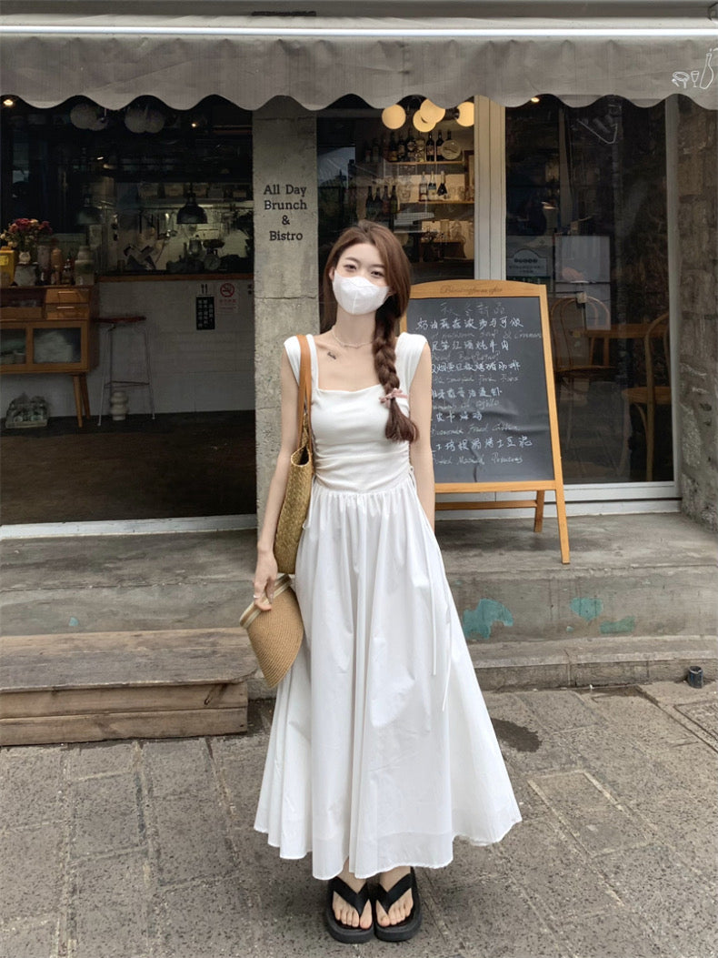 Side Tie Sleeveless White Long Dress