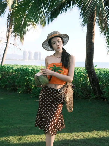 Orange Top + Brown Polka Dot Skirt Two Piece Set