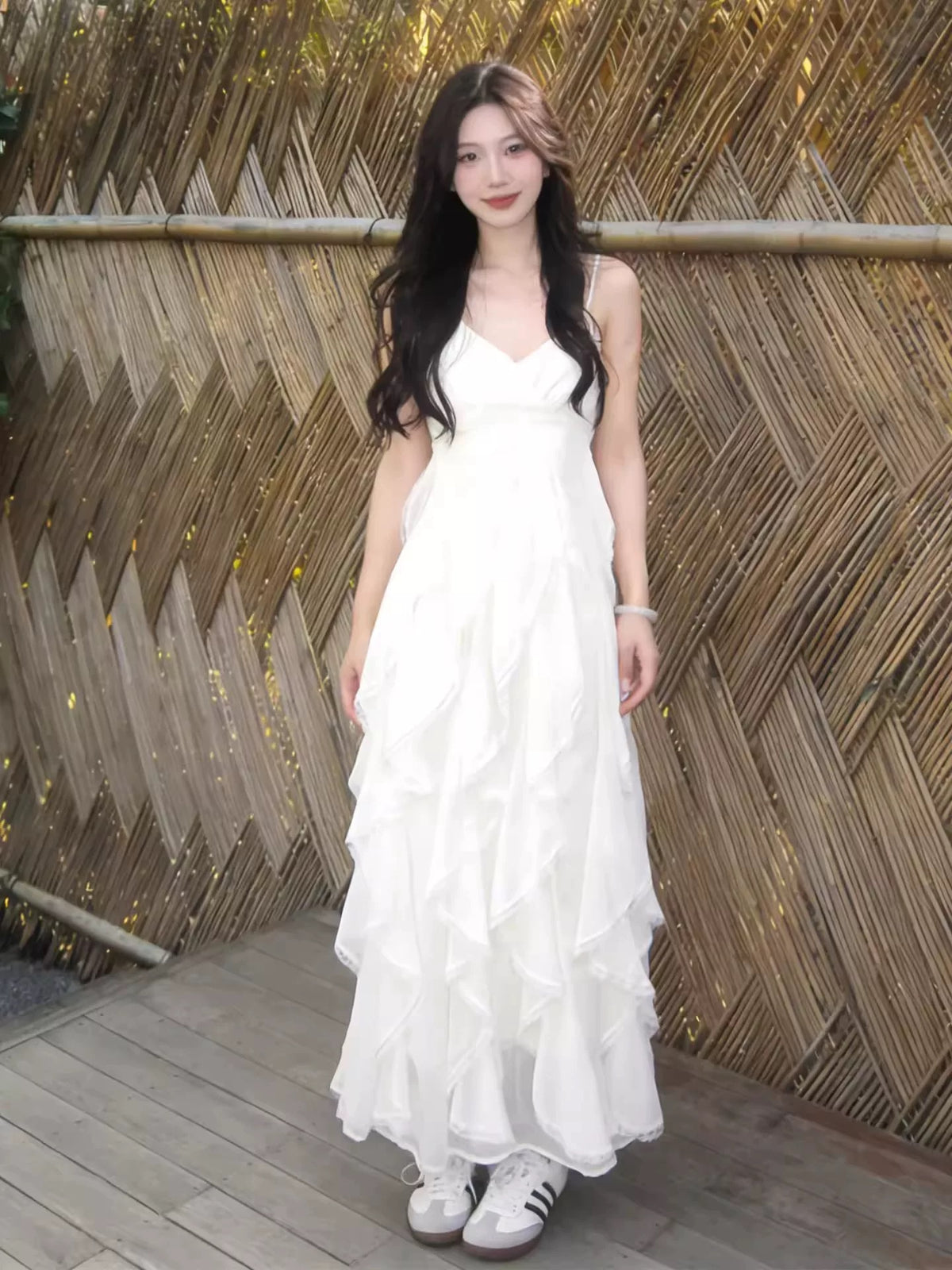 White Ruffles Bottom Strap Dress