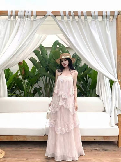 Chiffon Mix Lace Thin Bareback Long Dress