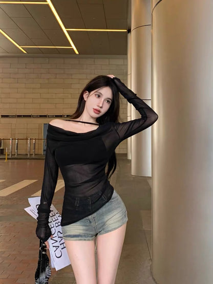 Mesh Off Side Shoulder Long Sleeve Top with tube