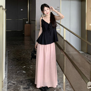 Black Top + Pink Long Skirt Two Pieces Set