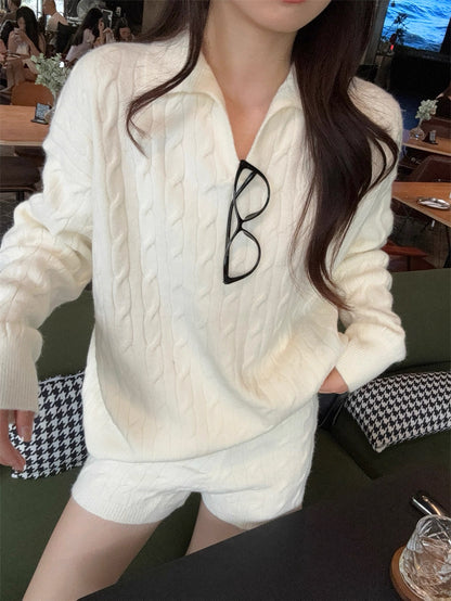 Cream Knitted Top + Shorts Two Piece Set