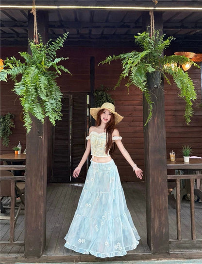 Top + Blue Skirt Two Piece Set