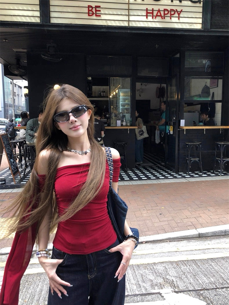 Red Off Side Shoulder Sleeve Top