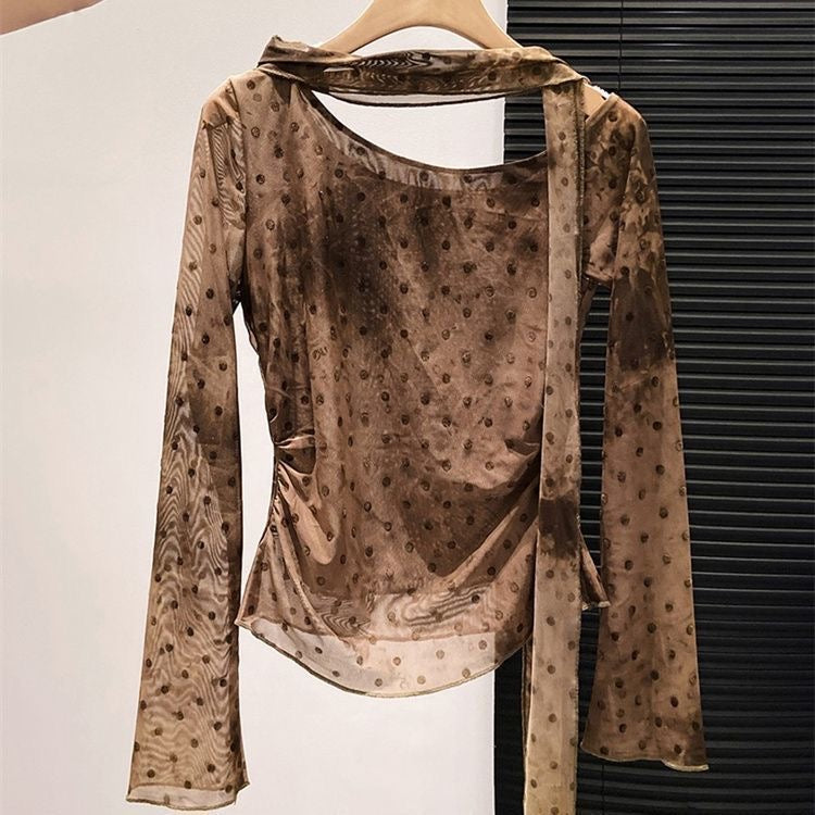 Mini Dot Off Shoulder Long Sleeve Mesh Top