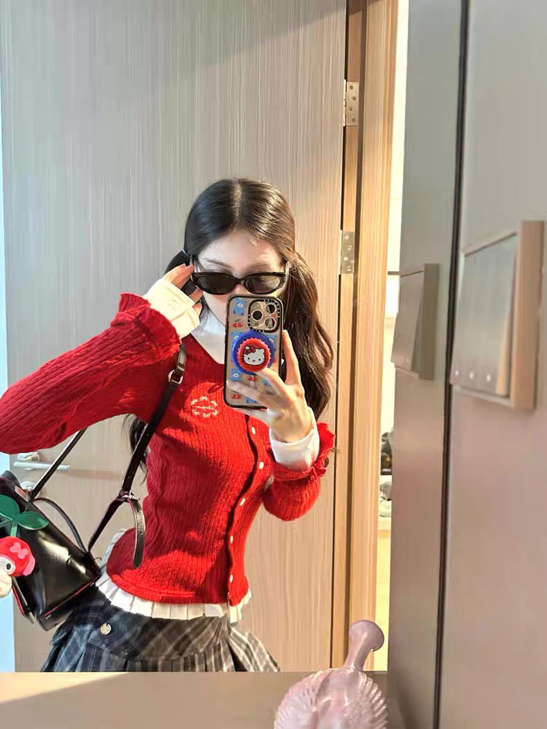 Cute Collar Red Long Sleeve Knitted Top