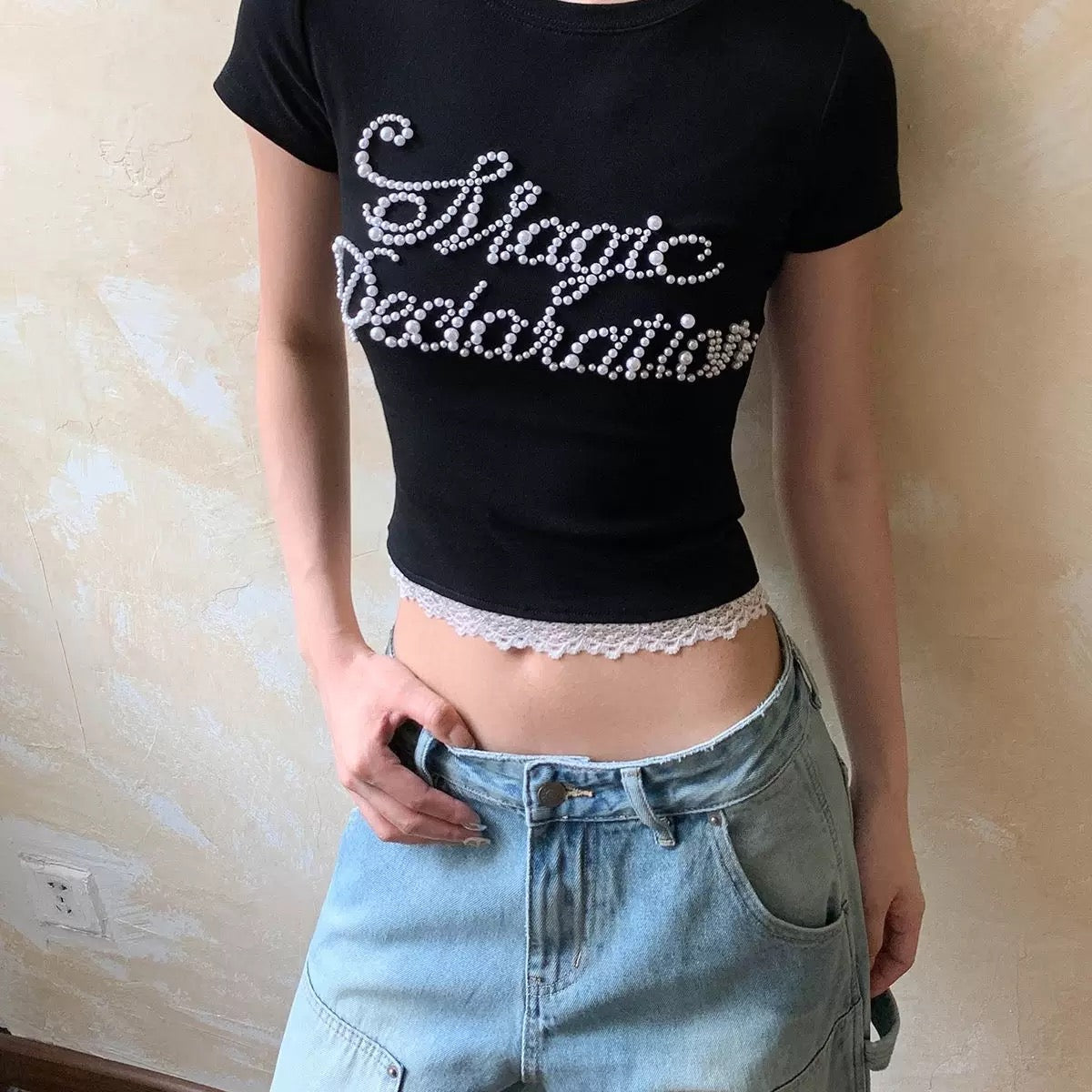 Pearl Mix Lace Top (Grey, Black)