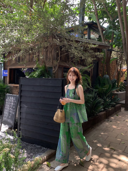 Green Top + Long Pants Two Piece Set