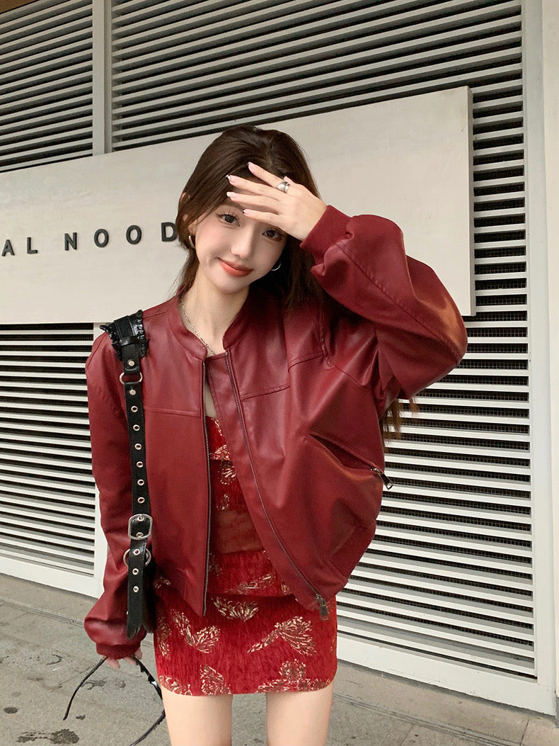 Wine Red PU Leather Jacket