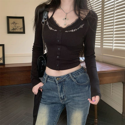 Knitted Long Sleeve Top with strap (Black, Red)