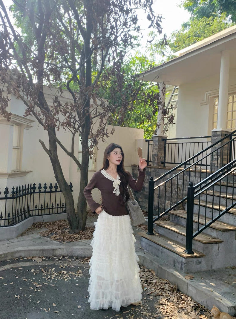 Creamy Layered Mesh Long Skirt