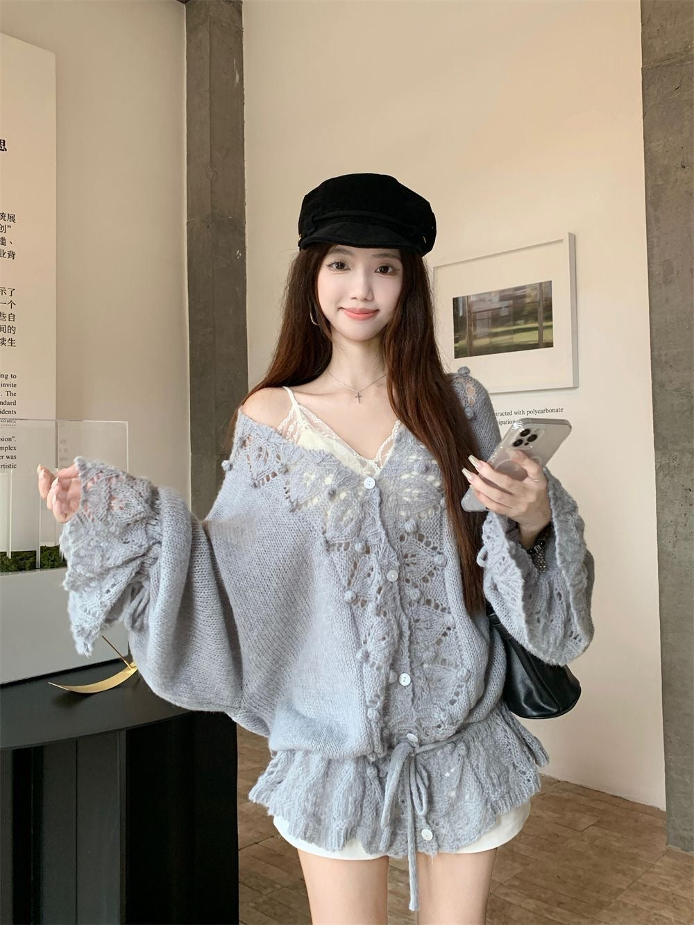 Lantern Sleeve Knitted Cardigan Top